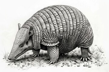 Poster - Detailed black and white illustration of an armadillo. Suitable for educational materials or wildlife publications