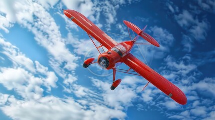 Poster - A red airplane flying through a cloudy blue sky. Suitable for aviation and travel concepts