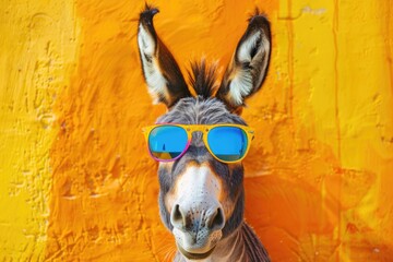 Aufkleber - A donkey wearing sunglasses standing against a yellow wall. Suitable for humorous and animal-themed designs