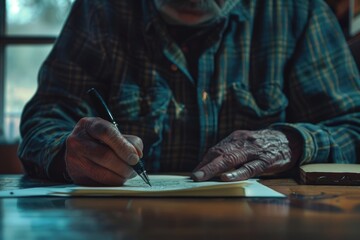 Poster - A man sitting at a table writing on a piece of paper. Ideal for educational or business concepts