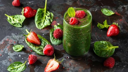 Wall Mural - vibrant spinach and mixed berry smoothie in natural light food photography