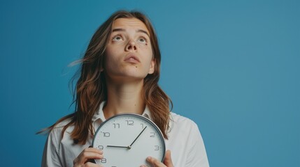 Poster - Woman holding a clock in front of her face, suitable for time management concepts