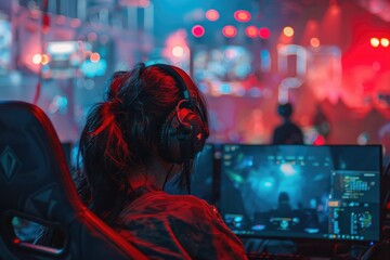 Poster - Woman sitting at computer desk with headphones on, suitable for technology concepts