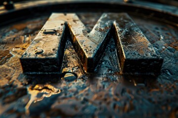 Aufkleber - A detailed close up of a metal letter M on a table. Ideal for graphic design projects