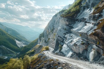 Poster - A scenic view of a road winding through a mountain side. Ideal for travel or nature concepts