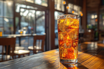 Wall Mural - A glass of iced tea sits on a wooden table in a restaurant