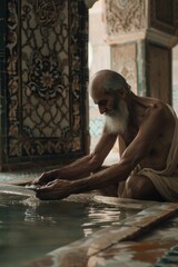 Poster - A man with a white beard relaxing in a pool, suitable for lifestyle and relaxation concepts