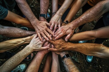 Poster - A group of people putting their hands together. Suitable for business and teamwork concepts