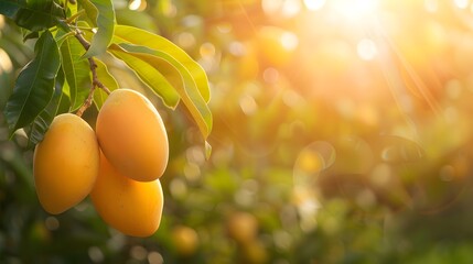 Wall Mural - Yellow mangoes hanging on the tree in the tropical garden, with a blurred background of sunlight and green leaves.
