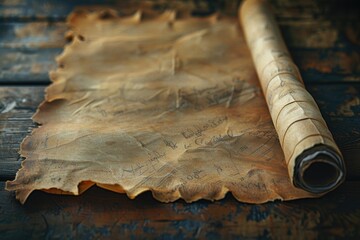 Poster - A rolled up piece of leather on a rustic wooden table. Perfect for rustic and vintage-themed projects