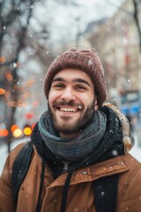 Poster - A smiling man wearing a brown jacket and scarf. Suitable for fashion or winter-themed designs