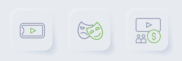 Sticker - Set line Cinema auditorium with screen, Comedy and tragedy masks and Online play video icon. Vector