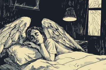 Wall Mural - A peaceful image of an angel sleeping in a cozy bed. Suitable for various spiritual or bedtime concepts