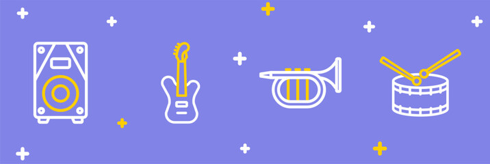 Sticker - Set line Drum with drum sticks, Trumpet, Electric bass guitar and Stereo speaker icon. Vector