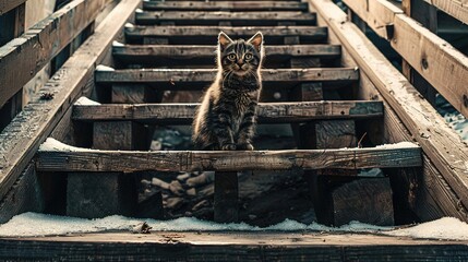 Poster -   A cat perched on snowy stairs with white carpeting beneath it