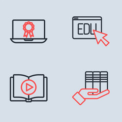 Sticker - Set line Online education, Audio book, Book donation and with diploma icon. Vector