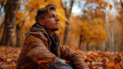 Aufkleber - A man sitting peacefully in a field of leaves. Perfect for nature and relaxation concepts