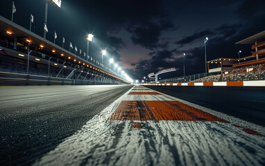 Race track at night. Red and white apexes and markings