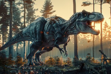 Poster - A fierce dinosaur with its mouth open in a forest, suitable for educational materials or children's books