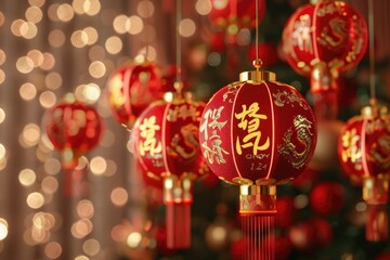 Poster - A vibrant display of red Chinese lanterns hanging from a ceiling. Ideal for festive decorations
