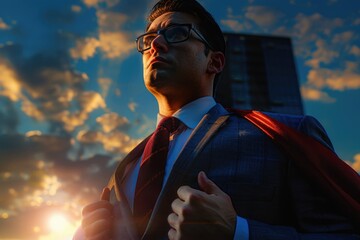 Poster - A man wearing a suit and tie with a red cape, suitable for business and superhero concepts