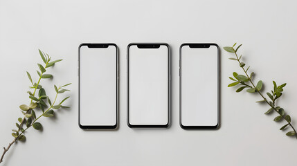 Three smartphone mockup screens png isolated on white background, minimalism, png
