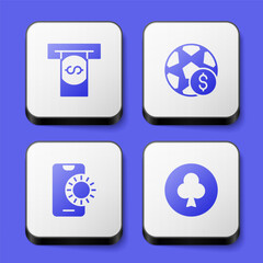 Sticker - Set Automated teller machine and money, Football betting, Online sports and Playing card with clubs symbol icon. White square button. Vector