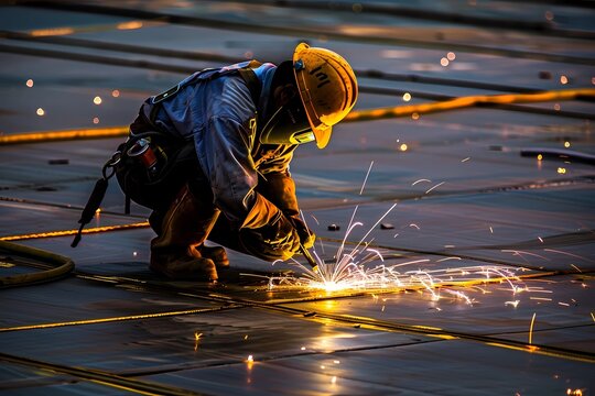 Environmental construction, A worker welding Environmental Steel  components in green construction project., High Resolution Image