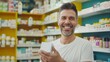 © Bundi - Pharmacy Drugstore: Portrait of a handsome Latin man buying medicine, showing a box of pills, smiling happily on camera. Store offers health products. Customer recommendations.