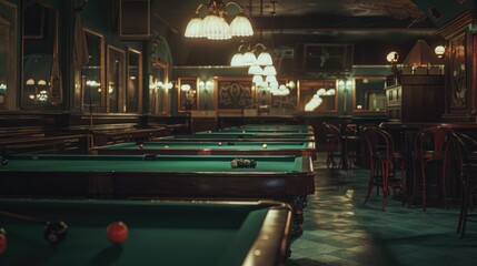 Poster - A row of pool tables in a room. Ideal for sports or entertainment concepts