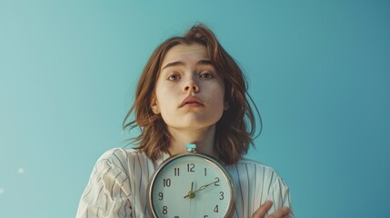 Wall Mural - A woman holding a clock in front of her face. Perfect for time management concepts