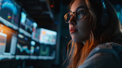 Poster - a close-up shot of a female it engineer working in a monitoring room, using multiple displays.