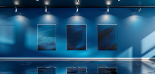 Panoramic mock up poster gallery with sapphire blue wall, glossy floor, and modern spotlights.