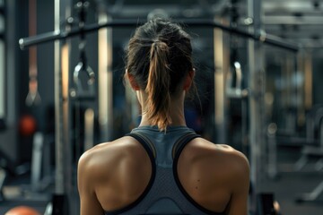 Sticker - Woman lifting barbell in fitness center. Suitable for fitness and workout concepts