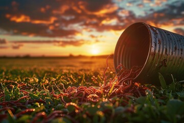 Poster - A trash can sitting on a lush green field. Suitable for environmental concepts
