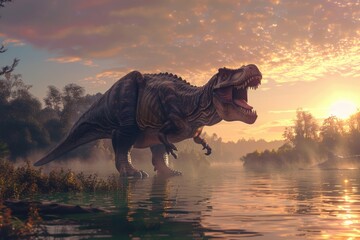 Poster - A large dinosaur standing next to a body of water. Perfect for educational materials or dinosaur enthusiasts