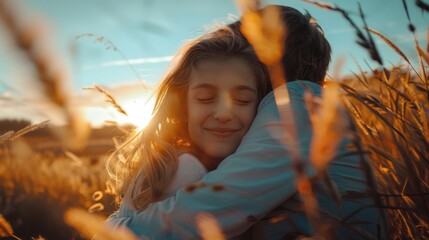 Poster - Two women embracing in a beautiful outdoor setting. Ideal for friendship or support concepts