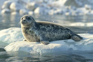Poster - A seal sitting on top of a piece of ice. Suitable for wildlife or environmental themes