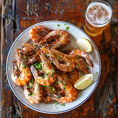 Wall Mural - Top view of a plate full of boiled shrimp and glass of cold beer