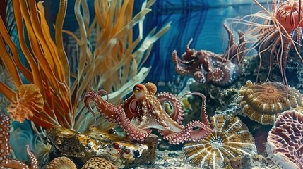 Wall Mural -   A close-up of a sea anemone and various marine creatures in an aquarium surrounded by coral and algae