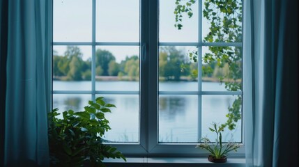 Poster - A picturesque window overlooking a serene body of water. Ideal for travel or real estate concepts