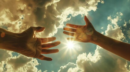 Sticker - Two hands reaching towards each other against a cloudy sky. Suitable for concepts of unity and hope