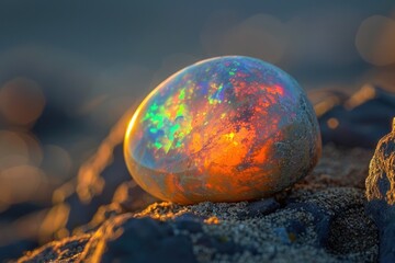 Poster - Glass ball sitting on top of a pile of rocks. Perfect for nature and landscape themes
