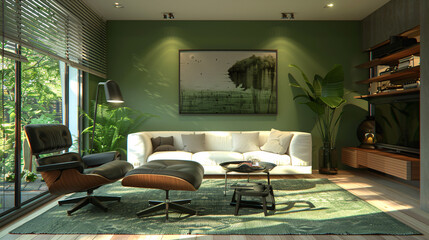 Poster - 3D interior design of a contemporary living room with a white sofa, black chair, and green decor