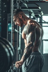 Aufkleber - A man with a tattoo on his arm exercising in a gym. Ideal for fitness and lifestyle concepts