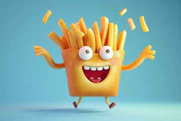 Wall Mural - Cheerful 3d animated french fries mascot with a bright smile, surrounded by flying fries on a blue background