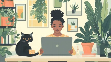 Wall Mural - A young woman working from home, surrounded by her laptop, plants, and a cozy cat. 