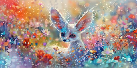 Wall Mural - Cute rabbit in a vibrant field of flowers, perfect for springtime themes