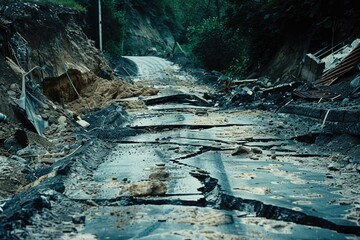 Poster - A road that has been damaged by a large pile of dirt. Suitable for construction or infrastructure concepts