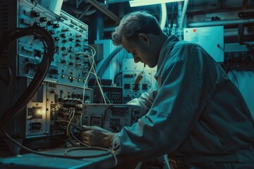 Poster - A man in a lab coat working on a machine. Suitable for science and technology concepts